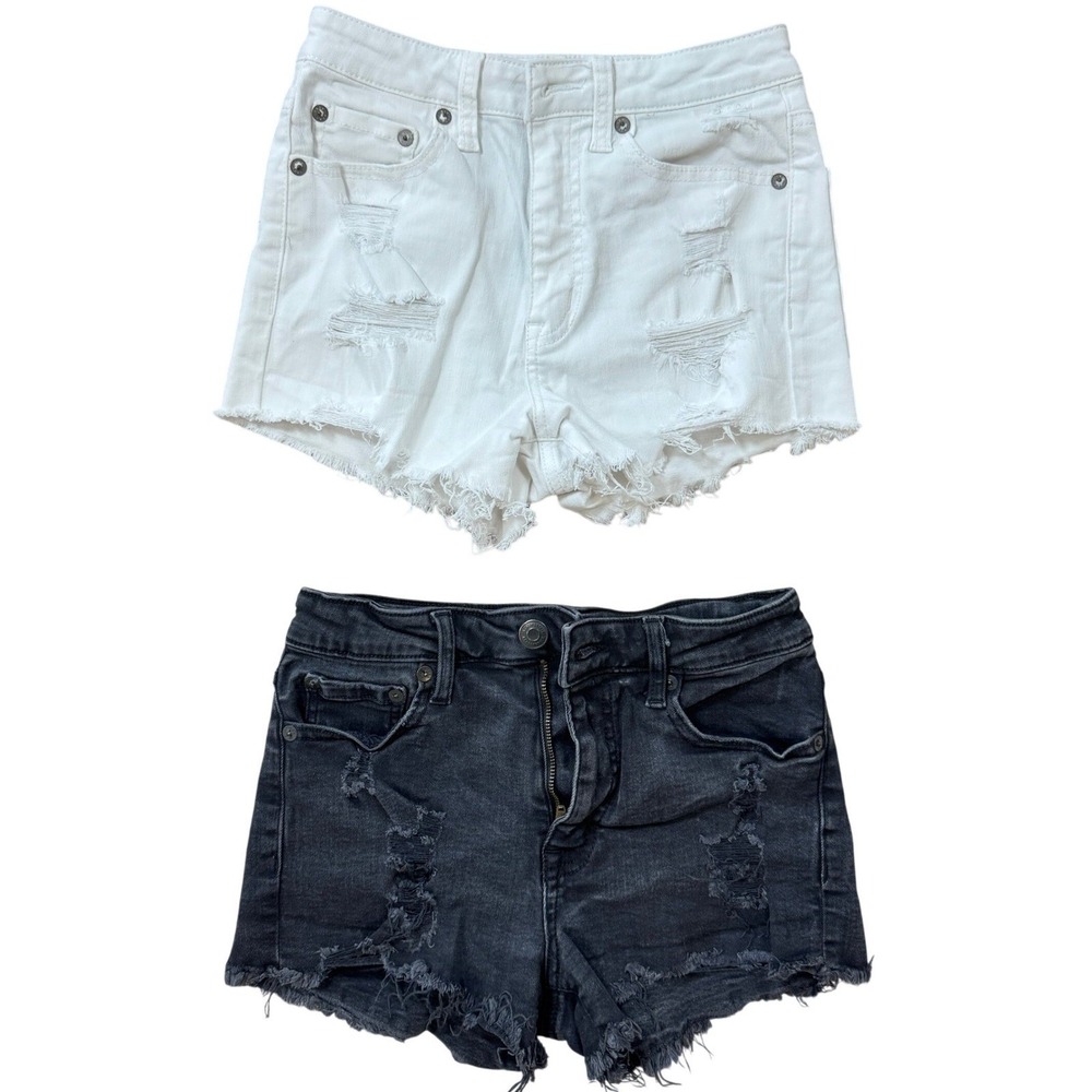 Aeropostale High Rise Shorty Denim Shorts Set of 2 White Black Distressed SizeXS
